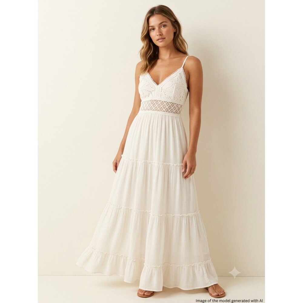 Women's White Lace Crochet Boho V-Neck Spaghetti Strap Tie Back Maxi Dress L